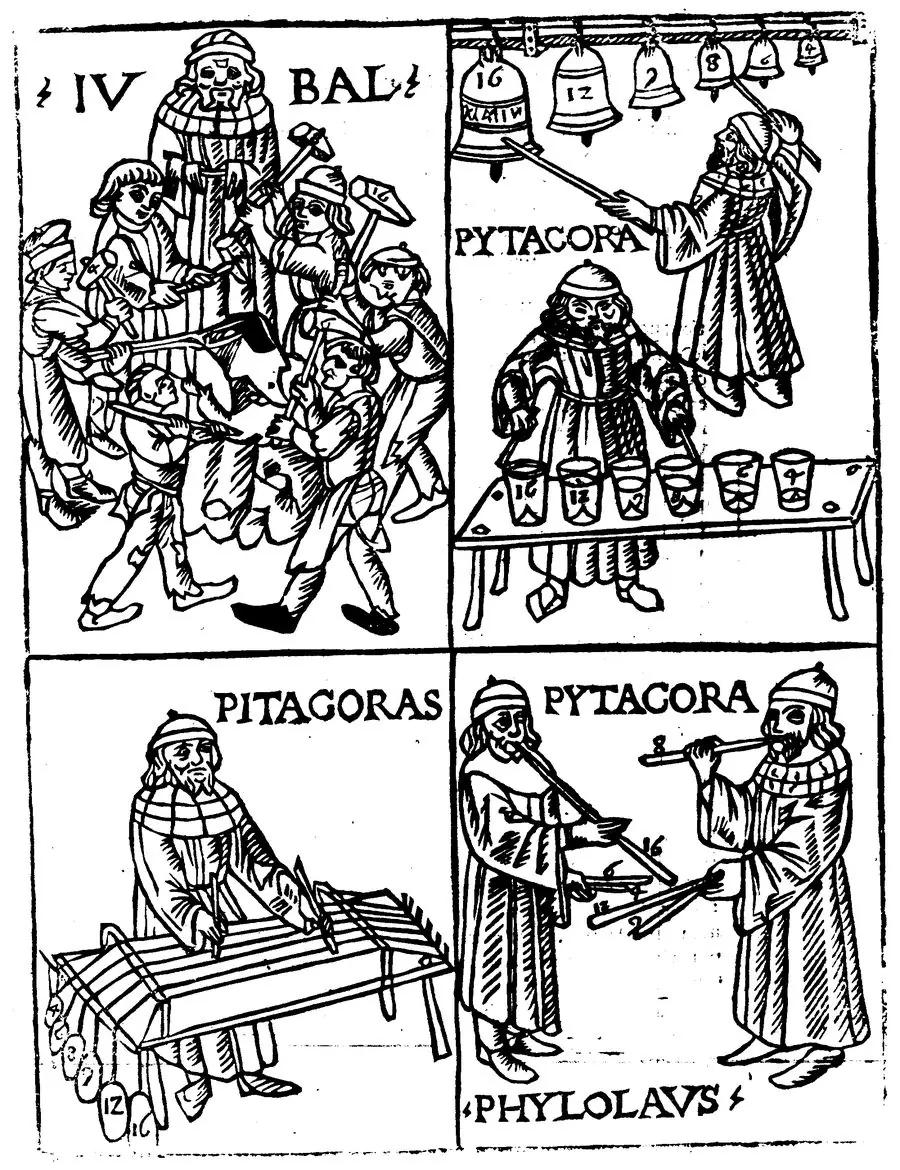 Grabado de 1492: Pitágoras y Filolao prueban los intervalos con campanas, vasos, cuerdas y flautas