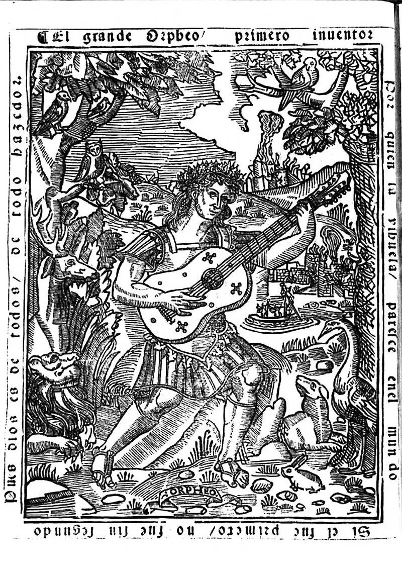 Grabado de 1536: Orfeo toca la vihuela rodeado de animales
