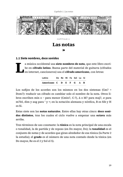 Página 19: apertura del capítulo 1, con friso grabado, capitular y la tabla de nombres de nota