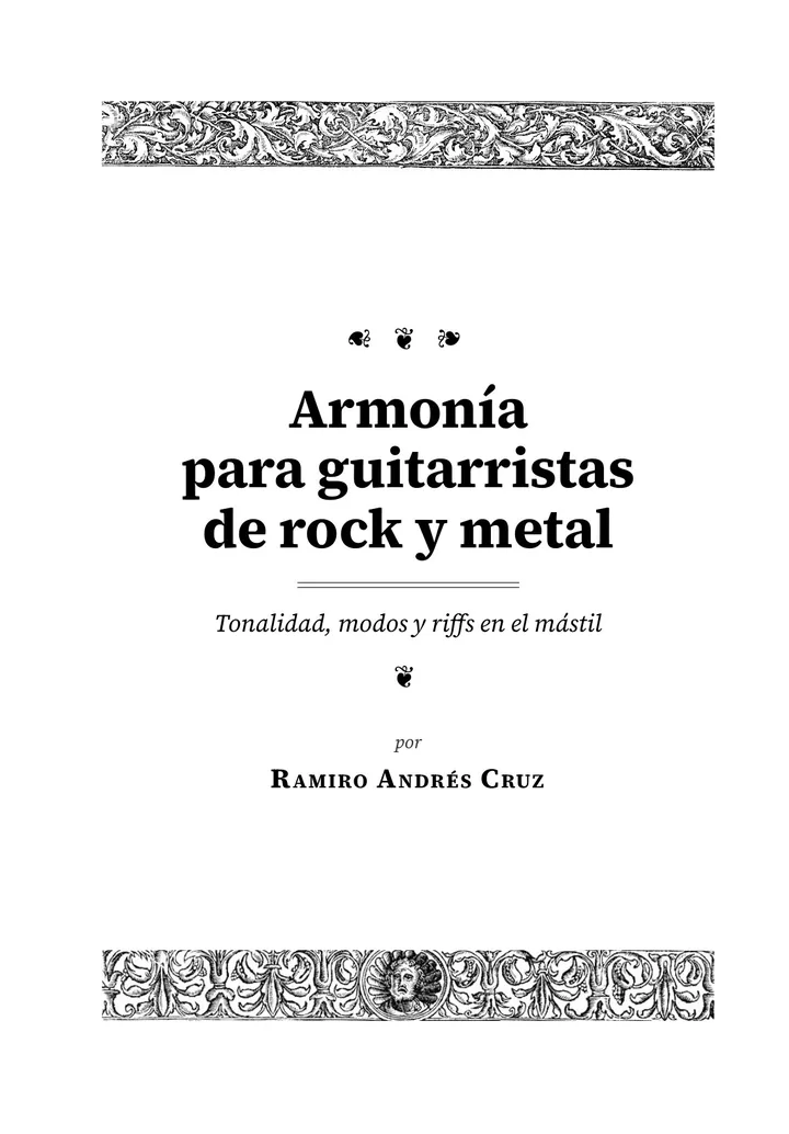 Tapa de Armonía para guitarristas de rock y metal: título entre dos bandas de grabado renacentista, con el subtítulo y el nombre del autor